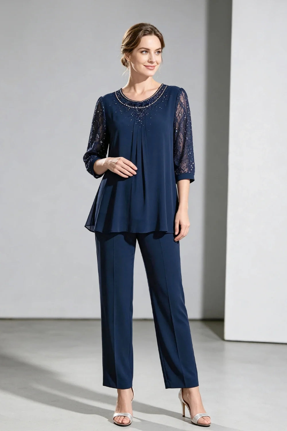Brigitte | Chiffon Broekpak met Kanten Mouwen