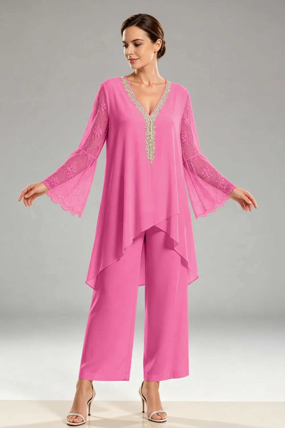 Saskia | Ivoorkleurig Chiffon Broekpak met Kant