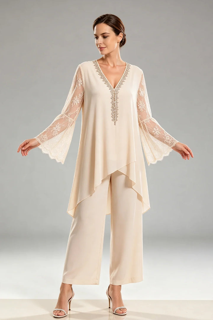 Saskia | Ivoorkleurig Chiffon Broekpak met Kant