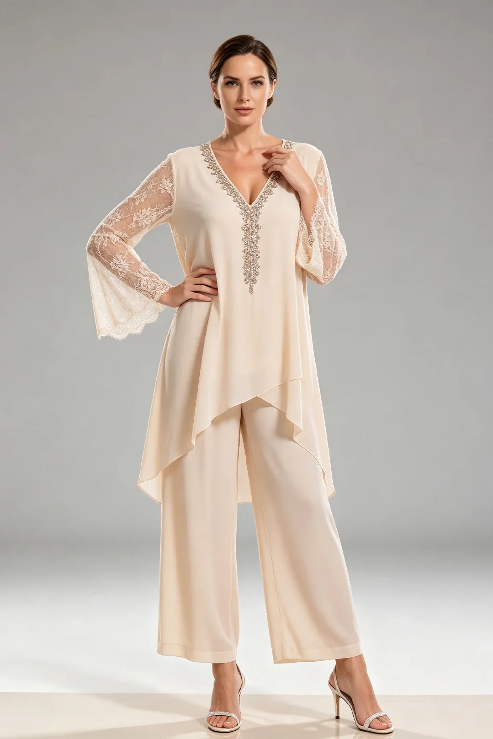 Saskia | Ivoorkleurig Chiffon Broekpak met Kant