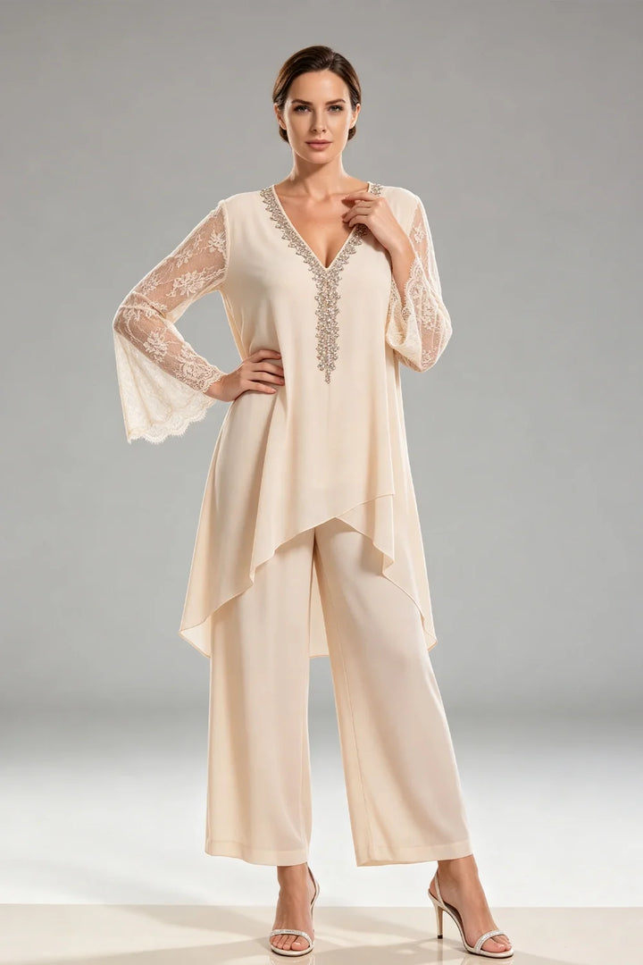 Saskia | Ivoorkleurig Chiffon Broekpak met Kant