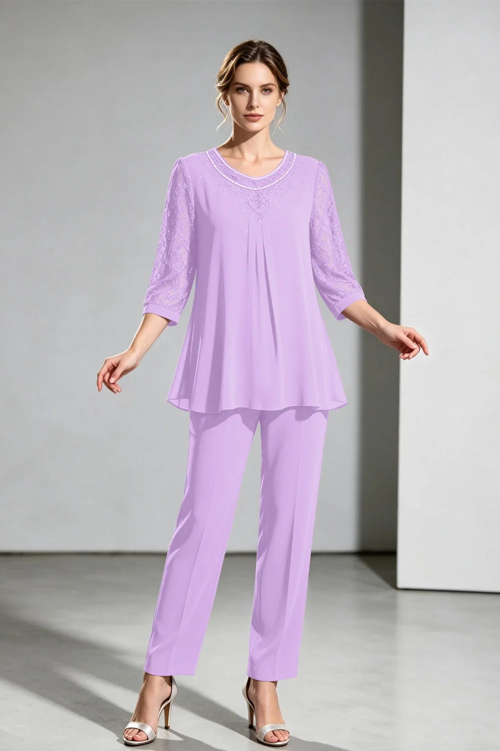 Brigitte | Chiffon Broekpak met Kanten Mouwen