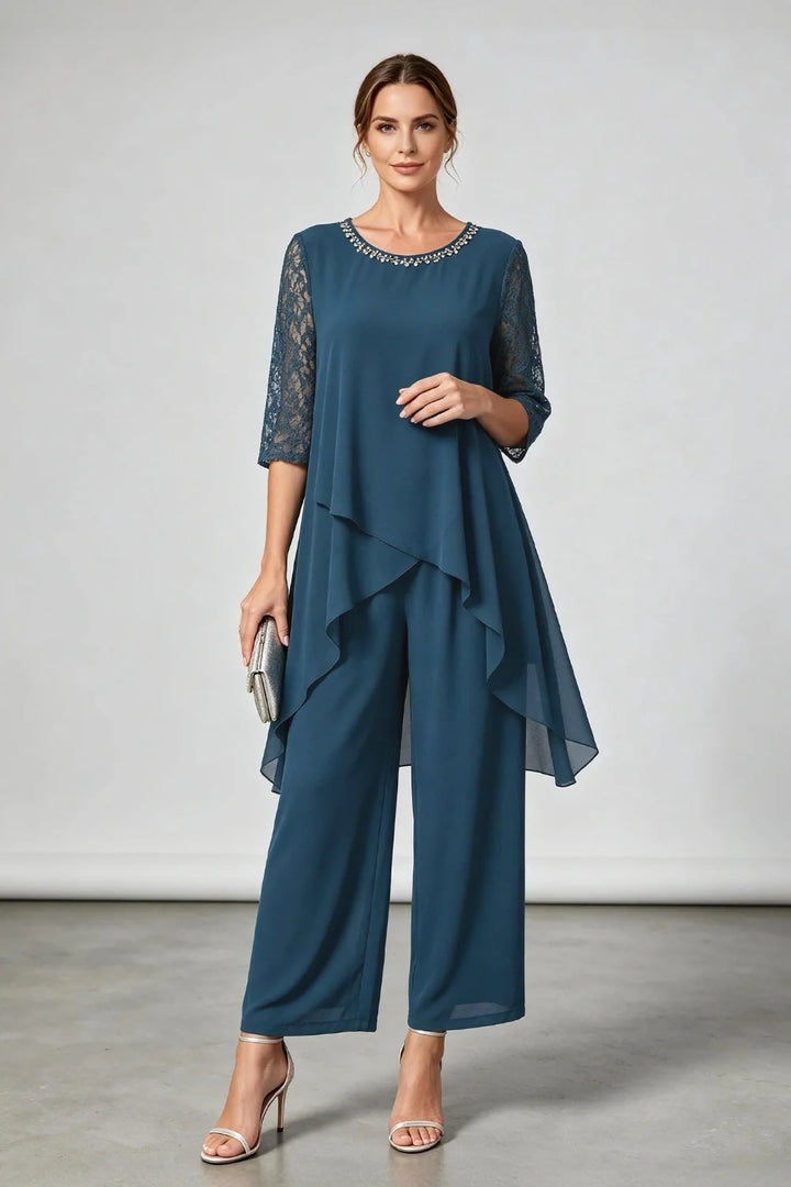 Annemarie | Gelaagd Chiffon Broekpak met Sierhals