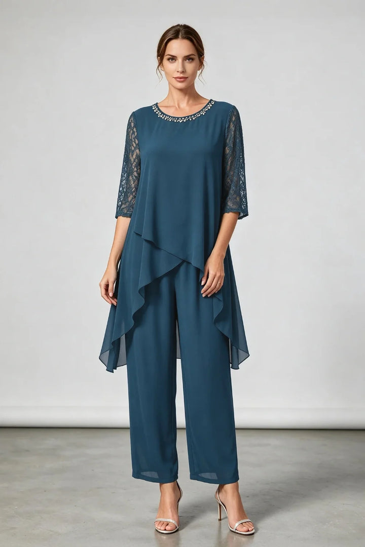 Annemarie | Gelaagd Chiffon Broekpak met Sierhals