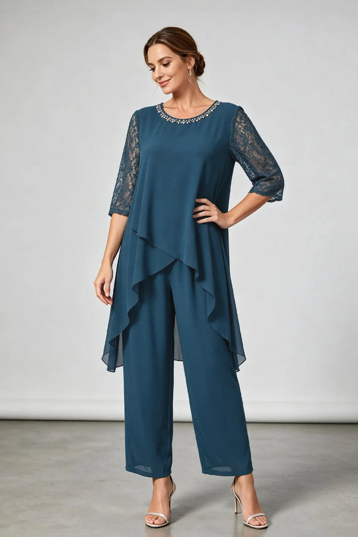 Annemarie | Gelaagd Chiffon Broekpak met Sierhals