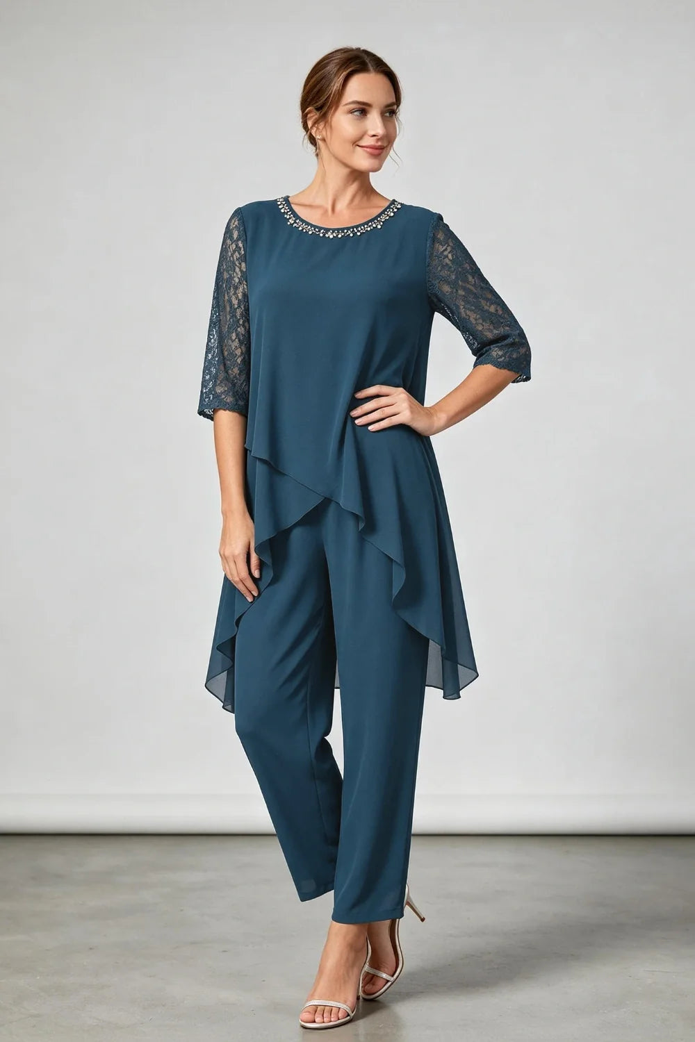 Annemarie | Gelaagd Chiffon Broekpak met Sierhals