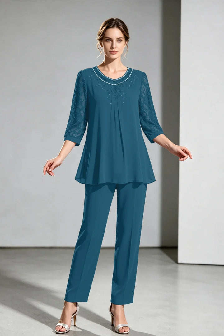 Brigitte | Chiffon Broekpak met Kanten Mouwen
