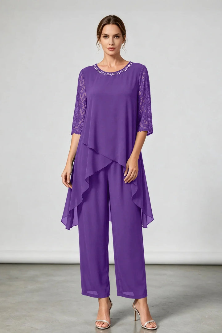 Annemarie | Gelaagd Chiffon Broekpak met Sierhals
