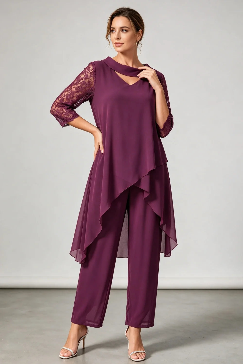 Hilde | Chiffon Broekpak met Kanten Mouwen