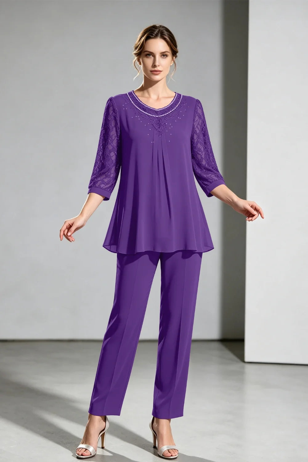 Brigitte | Chiffon Broekpak met Kanten Mouwen