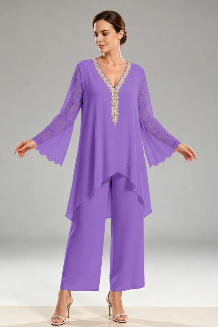 Saskia | Ivoorkleurig Chiffon Broekpak met Kant
