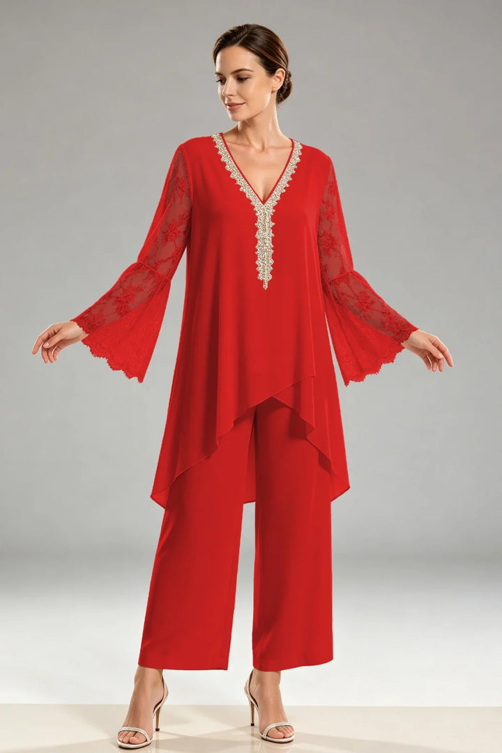 Saskia | Ivoorkleurig Chiffon Broekpak met Kant