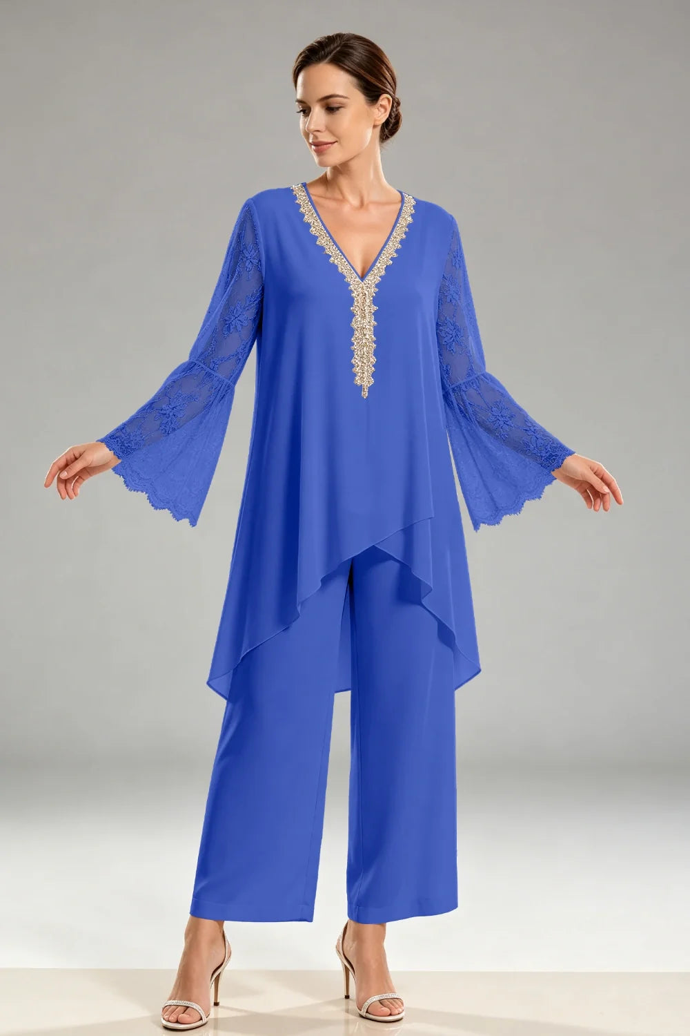 Saskia | Ivoorkleurig Chiffon Broekpak met Kant
