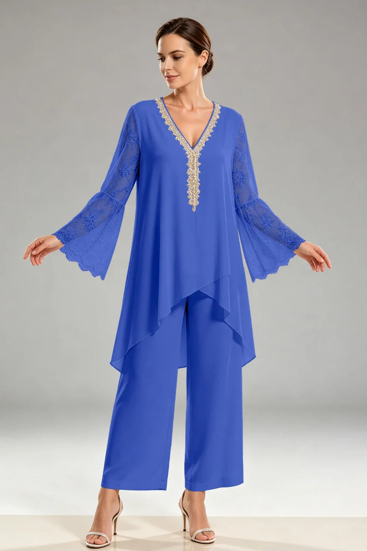 Saskia | Ivoorkleurig Chiffon Broekpak met Kant