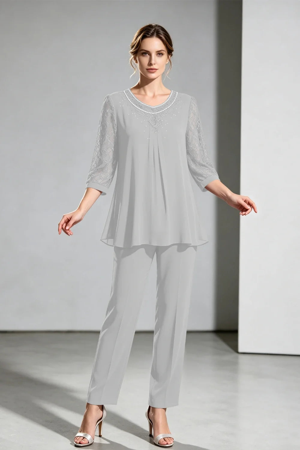 Brigitte | Chiffon Broekpak met Kanten Mouwen