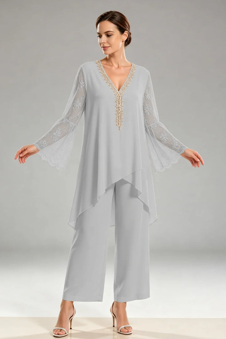 Saskia | Ivoorkleurig Chiffon Broekpak met Kant