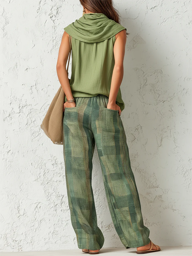 Iris | Cowl Neck Top & Plaid Wide-Leg Trousers Set