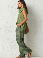 Iris | Cowl Neck Top & Plaid Wide-Leg Trousers Set