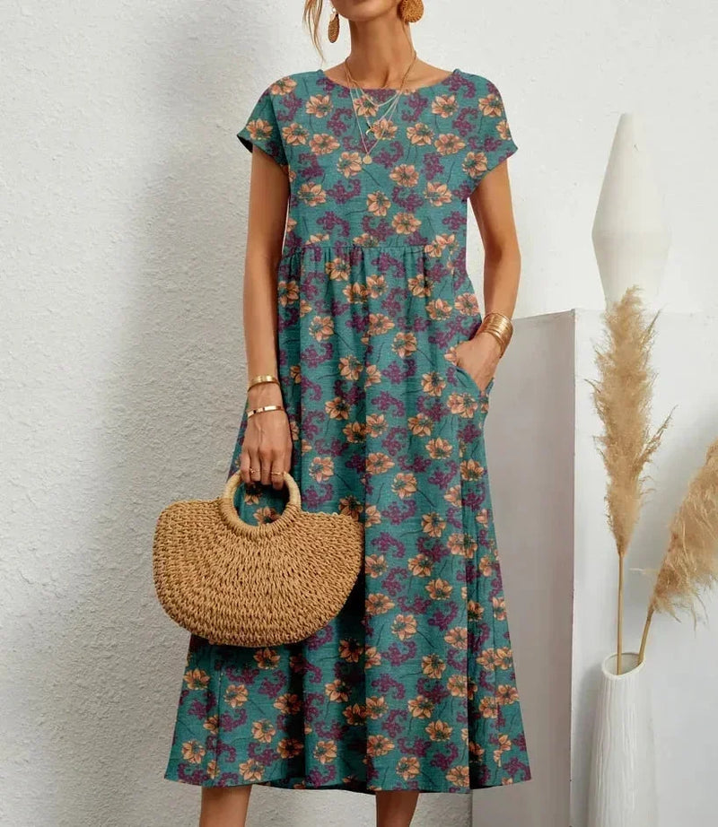Flora | Floral Print Cotton Midi Dress with Pockets