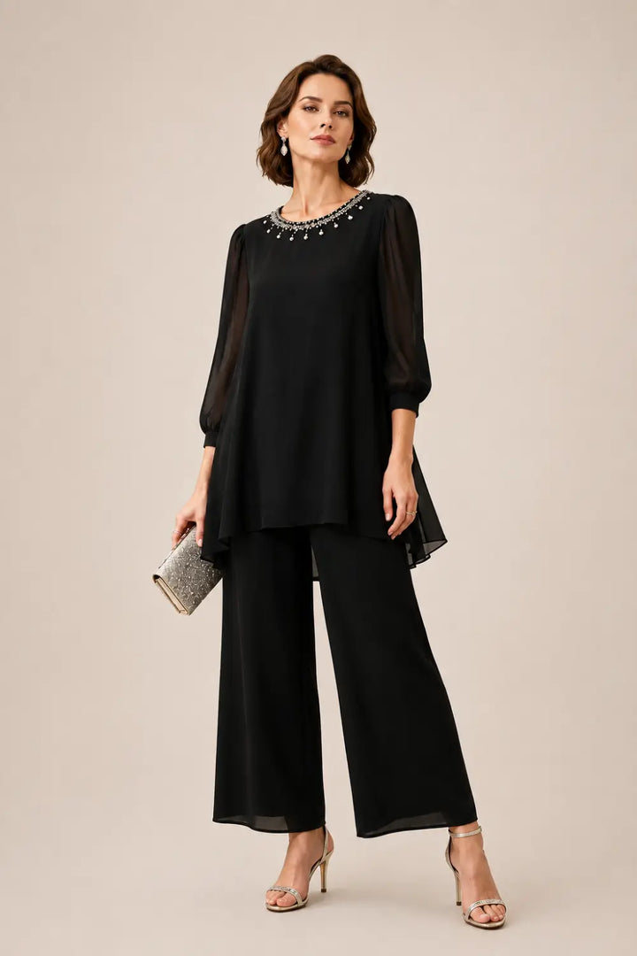 Katrien | Gelaagd Chiffon Broekpak met 3/4-Mouwen