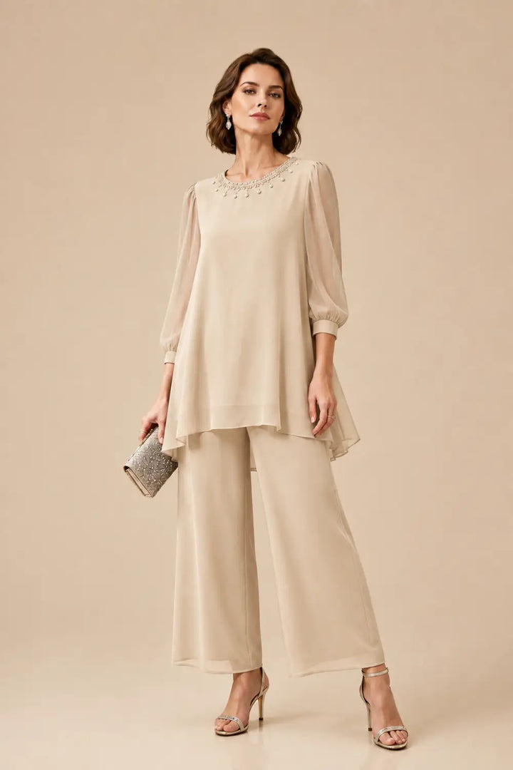 Katrien | Gelaagd Chiffon Broekpak met 3/4-Mouwen