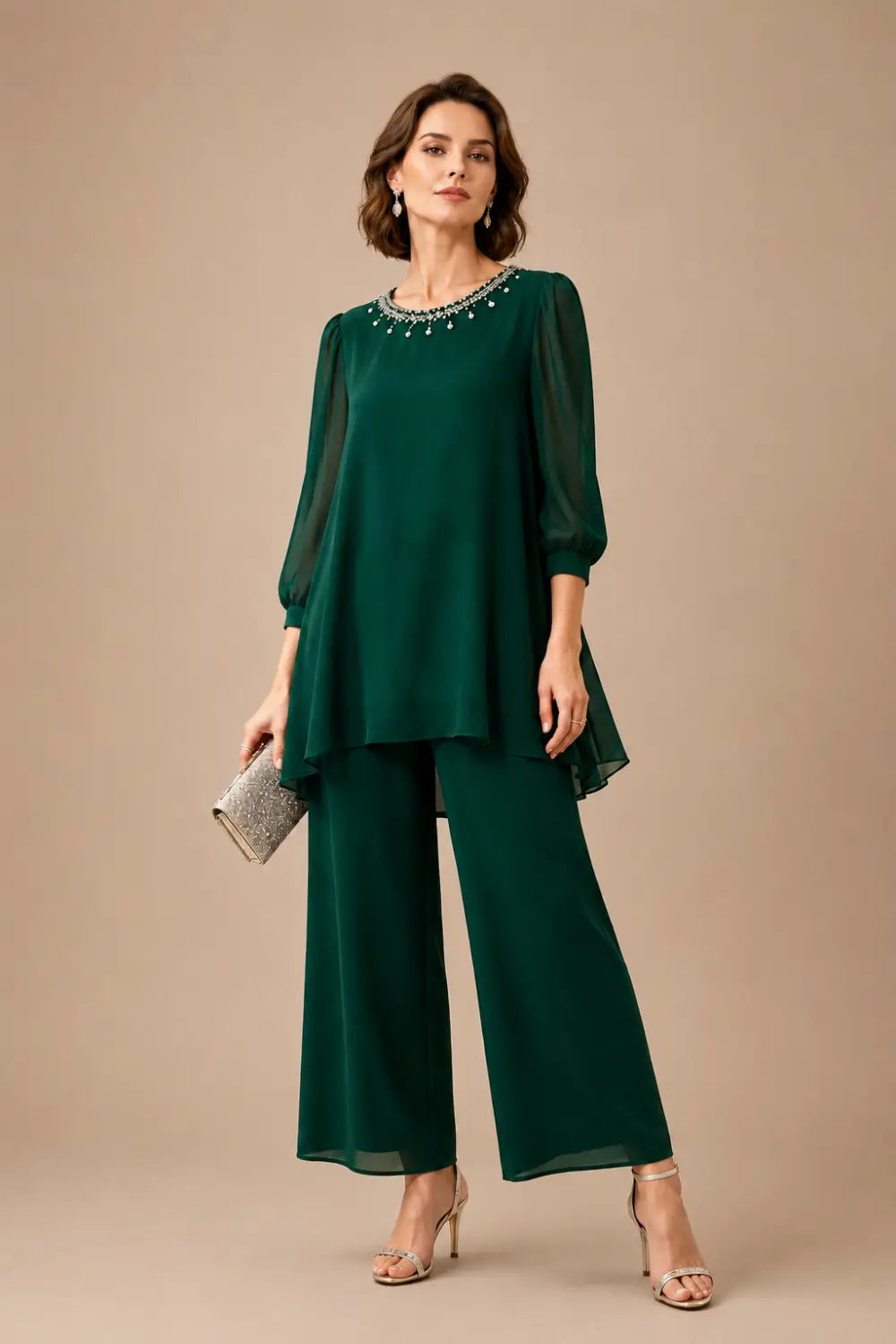 Katrien | Gelaagd Chiffon Broekpak met 3/4-Mouwen
