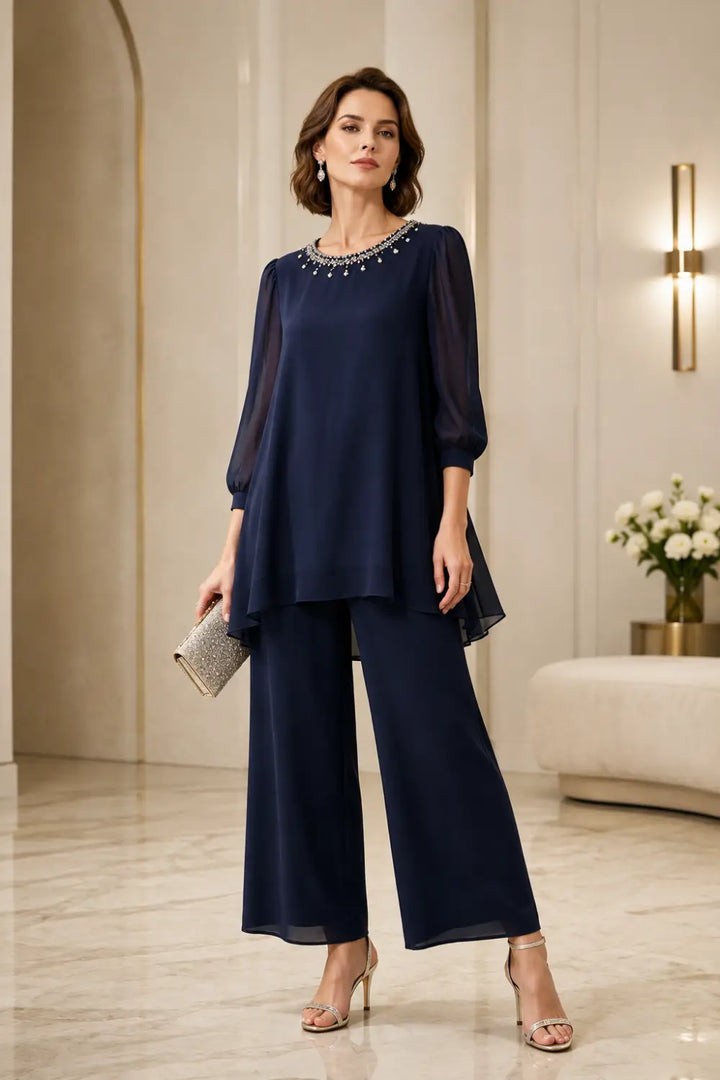 Katrien | Gelaagd Chiffon Broekpak met 3/4-Mouwen