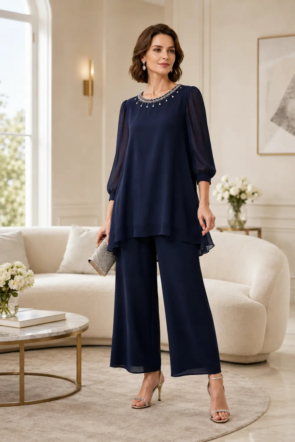 Katrien | Gelaagd Chiffon Broekpak met 3/4-Mouwen