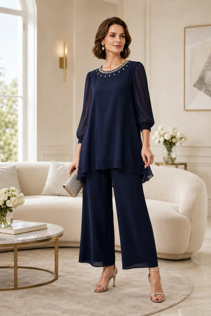 Katrien | Gelaagd Chiffon Broekpak met 3/4-Mouwen