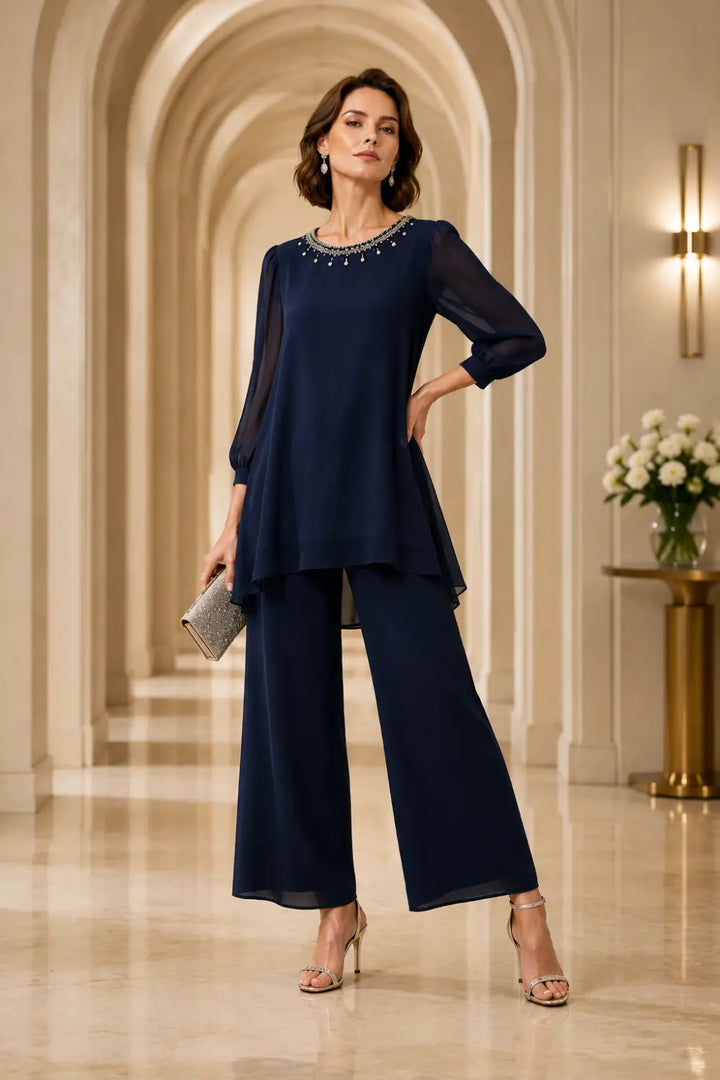 Katrien | Gelaagd Chiffon Broekpak met 3/4-Mouwen