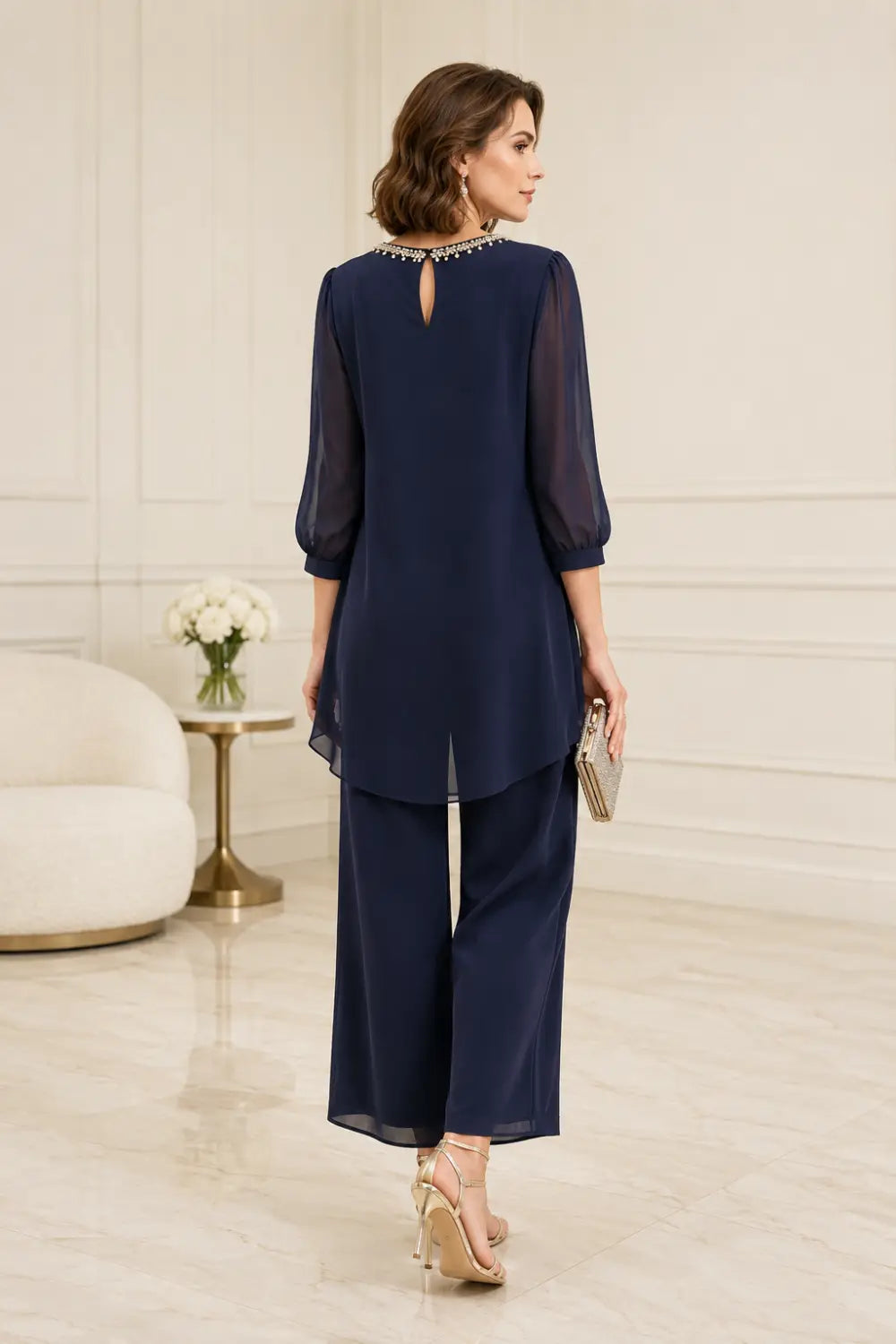 Katrien | Gelaagd Chiffon Broekpak met 3/4-Mouwen