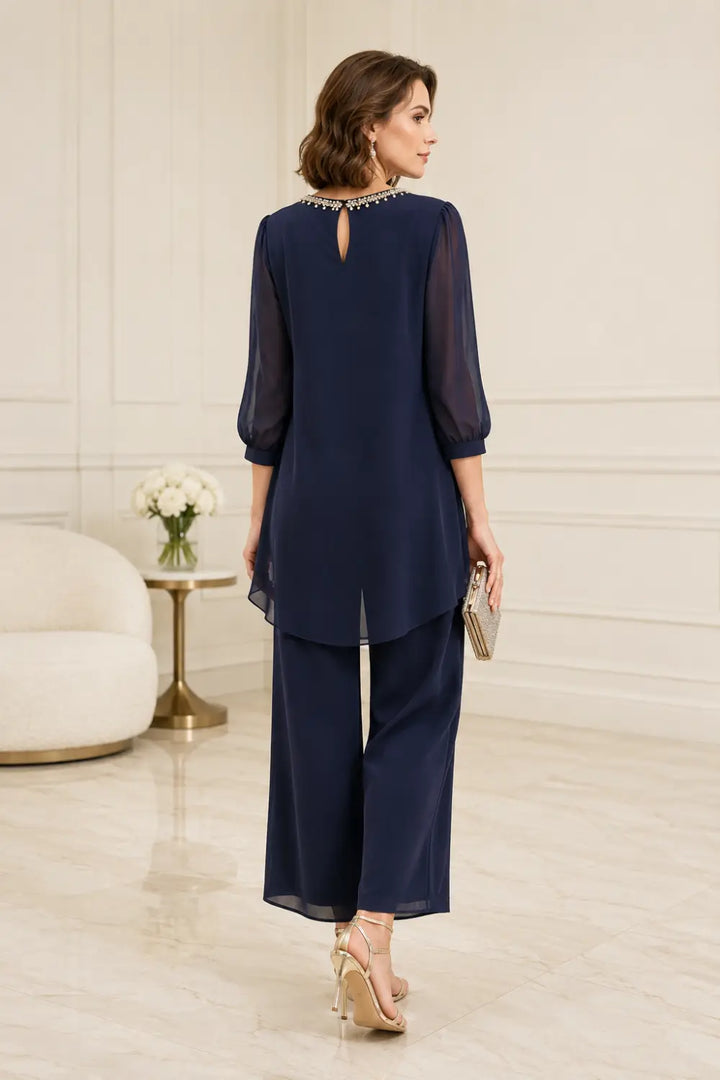 Katrien | Gelaagd Chiffon Broekpak met 3/4-Mouwen