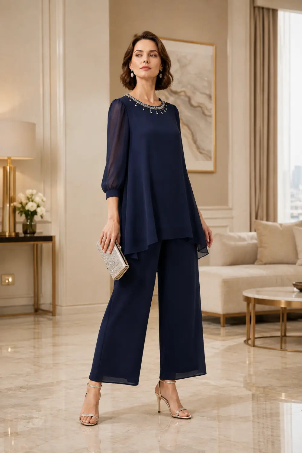Katrien | Gelaagd Chiffon Broekpak met 3/4-Mouwen