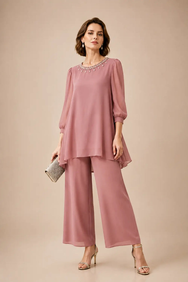 Katrien | Gelaagd Chiffon Broekpak met 3/4-Mouwen