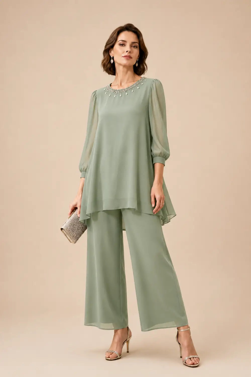 Katrien | Gelaagd Chiffon Broekpak met 3/4-Mouwen