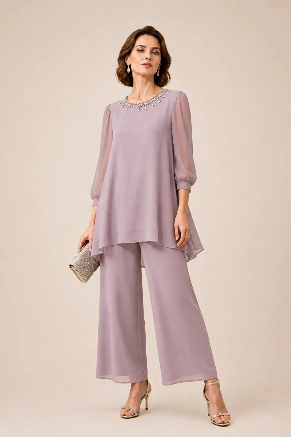 Katrien | Gelaagd Chiffon Broekpak met 3/4-Mouwen