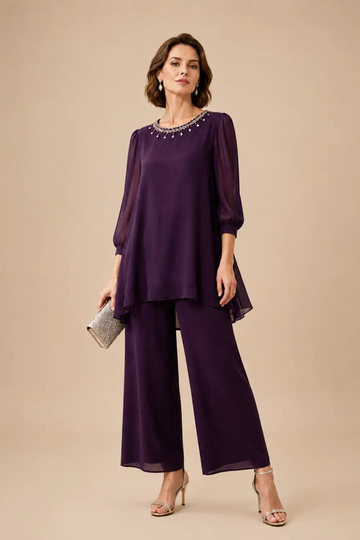 Katrien | Gelaagd Chiffon Broekpak met 3/4-Mouwen