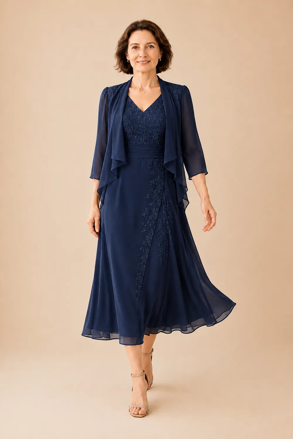 Inge | V-Hals Chiffon Midijurk met Kantdetail