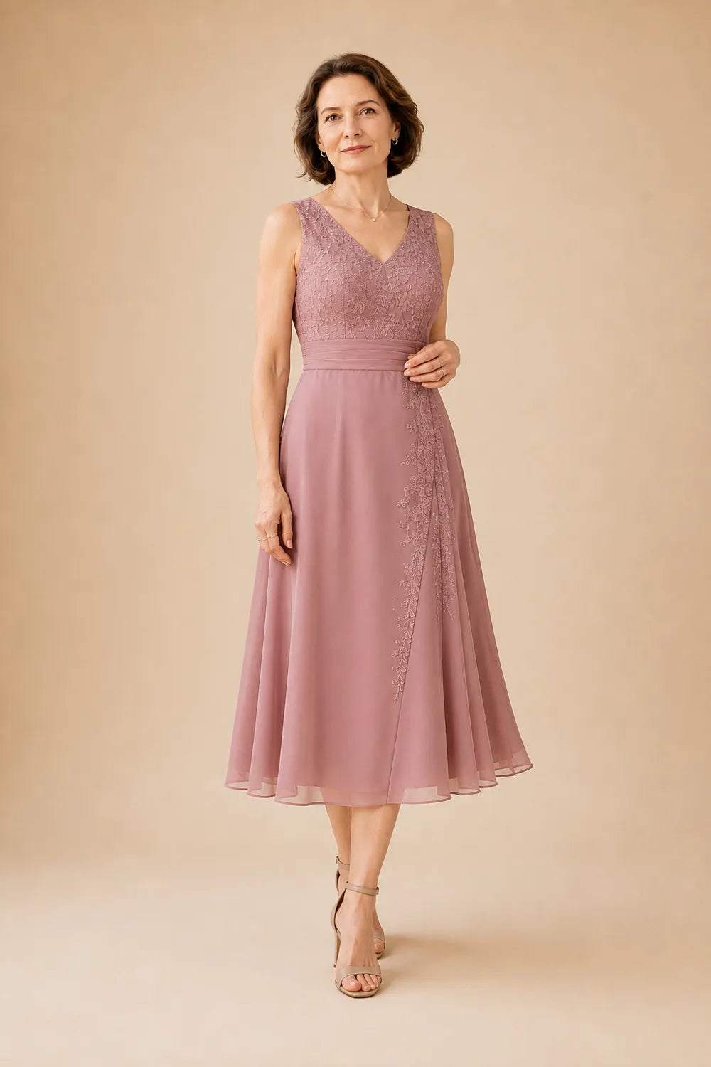 Inge | V-Hals Chiffon Midijurk met Kantdetail