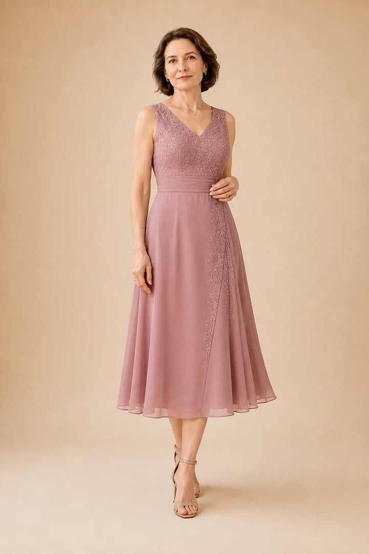 Inge | V-Hals Chiffon Midijurk met Kantdetail