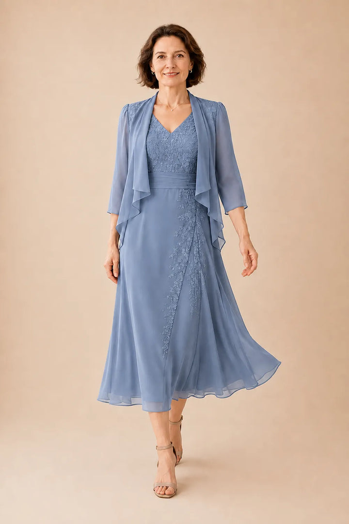 Inge | V-Hals Chiffon Midijurk met Kantdetail