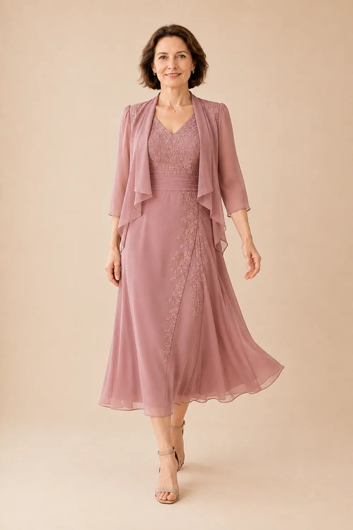 Inge | V-Hals Chiffon Midijurk met Kantdetail