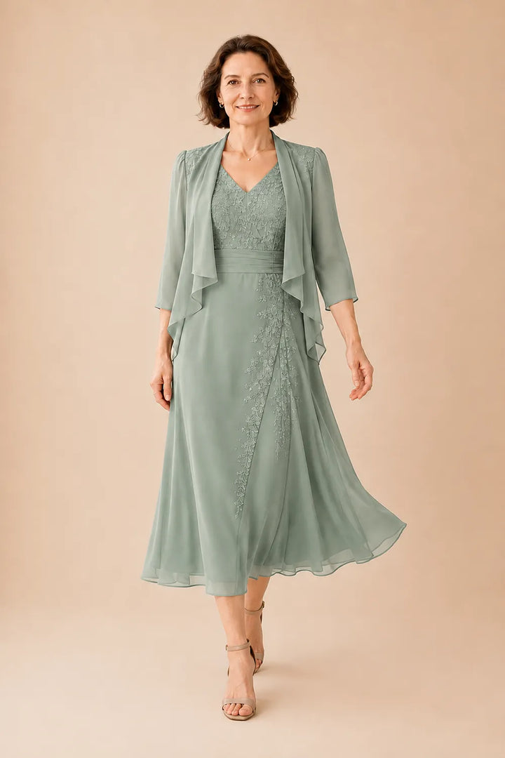 Inge | V-Hals Chiffon Midijurk met Kantdetail