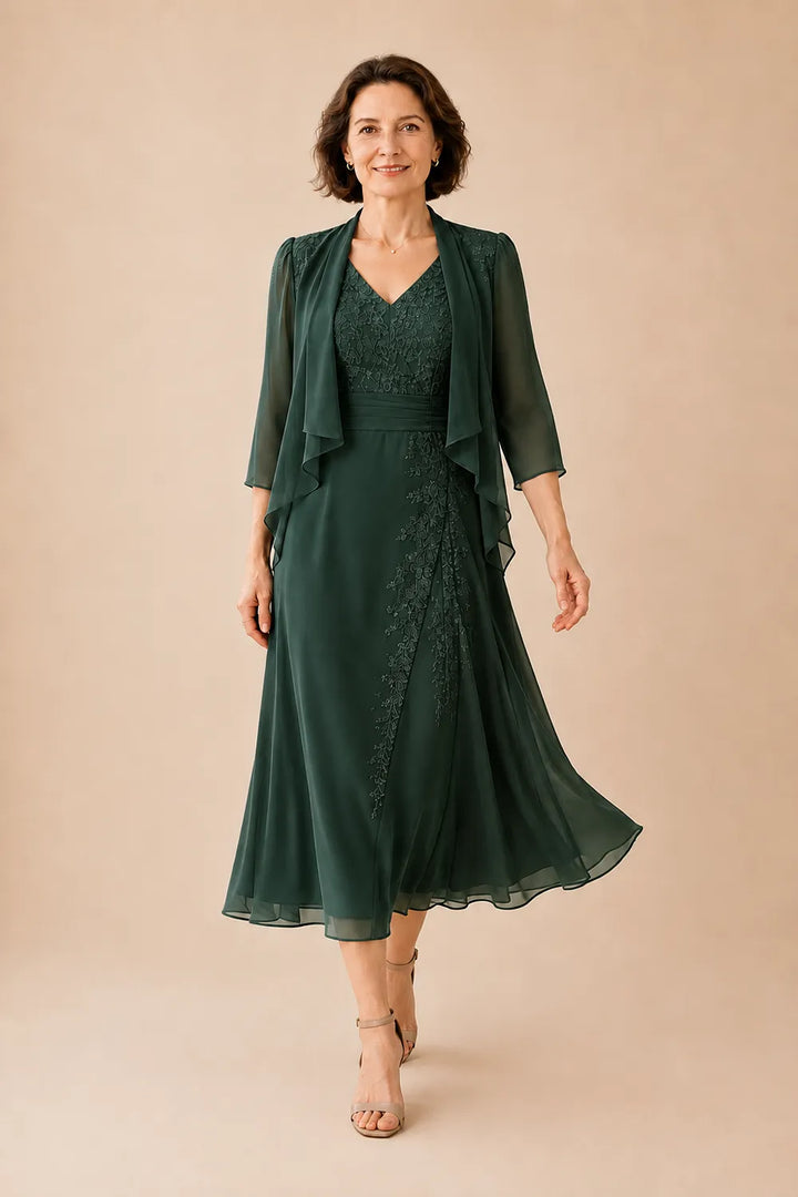 Inge | V-Hals Chiffon Midijurk met Kantdetail