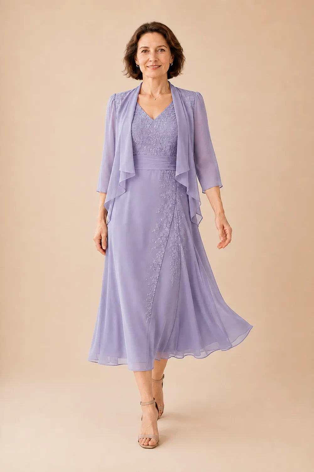 Inge | V-Hals Chiffon Midijurk met Kantdetail