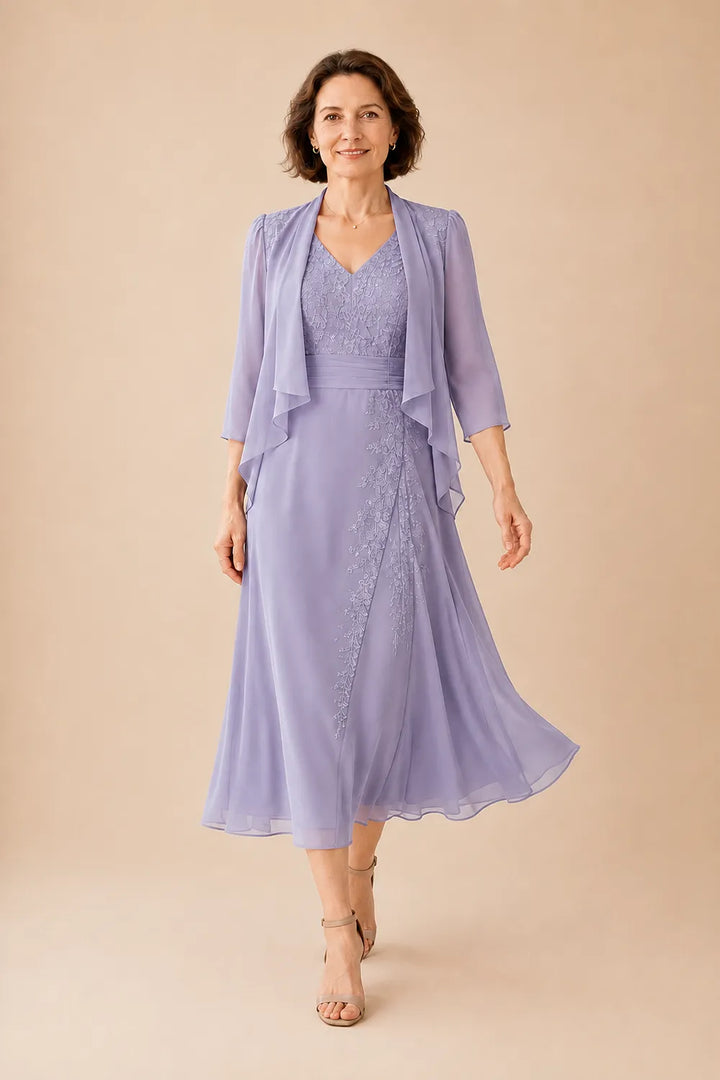 Inge | V-Hals Chiffon Midijurk met Kantdetail
