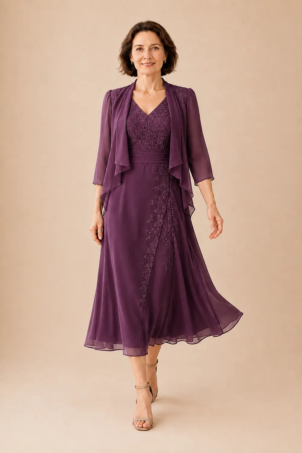 Inge | V-Hals Chiffon Midijurk met Kantdetail