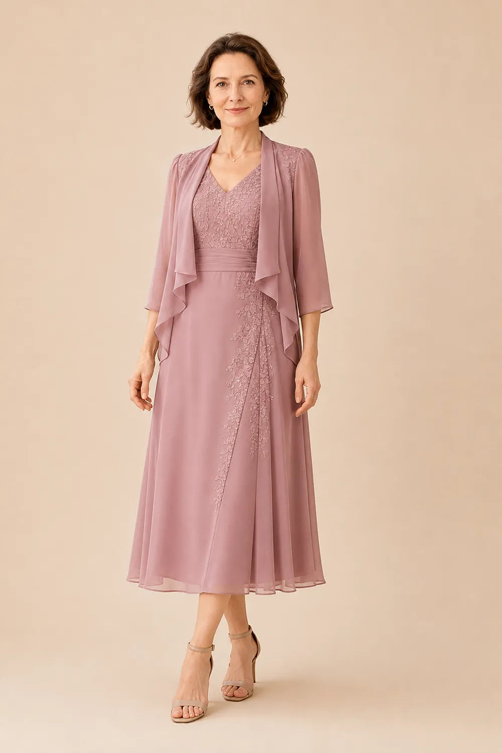 Inge | V-Hals Chiffon Midijurk met Kantdetail