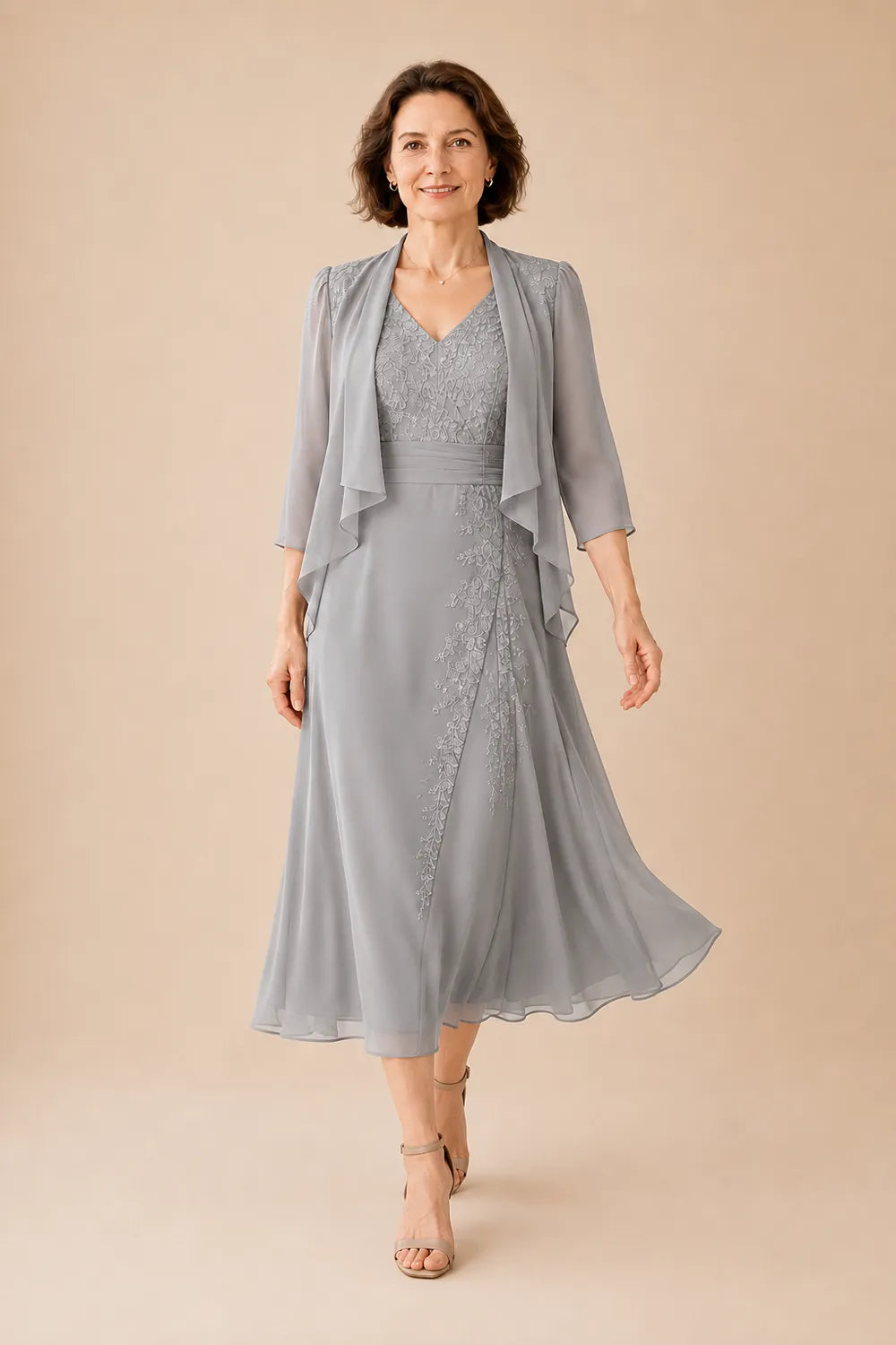 Inge | V-Hals Chiffon Midijurk met Kantdetail