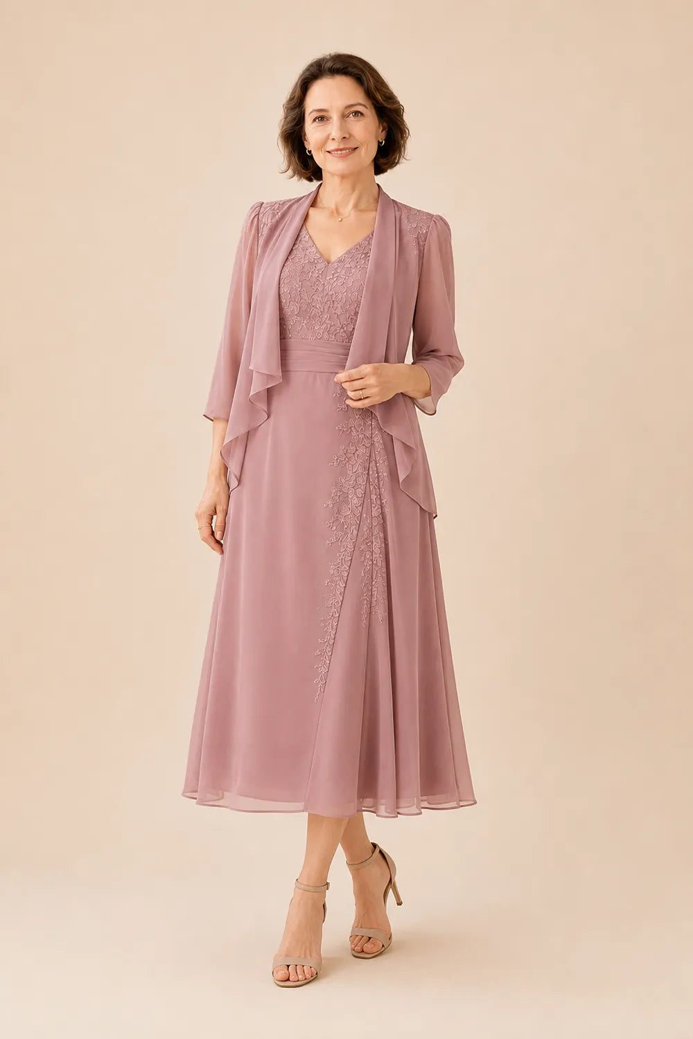 Inge | V-Hals Chiffon Midijurk met Kantdetail